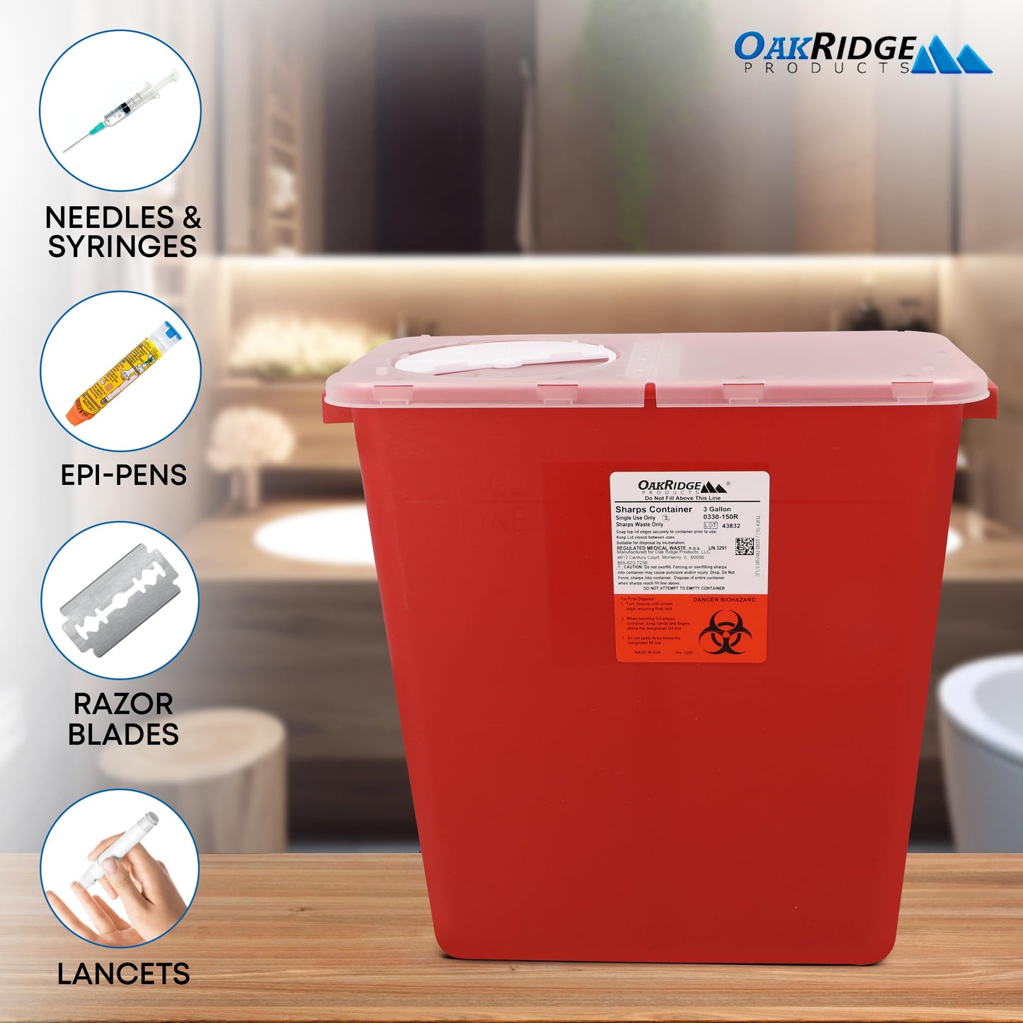 Oakridge Products Large Sharps Container for Home Use and Professional 3 Gallon (10-Pack) with Rotating lid, Biohazard Needle and Syringe Disposal, CDC Certified, Wholesale Business Bundle