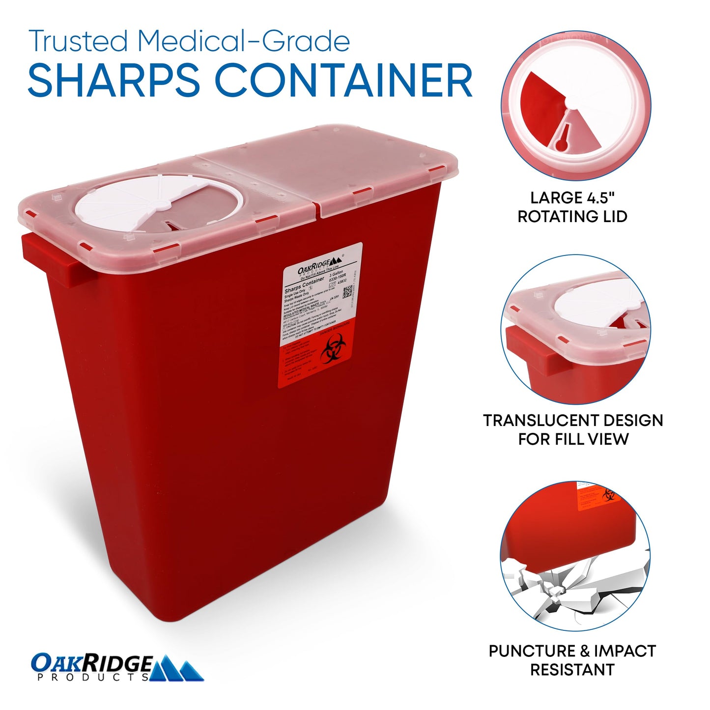 Oakridge Products Large Sharps Container for Home Use and Professional 3 Gallon (10-Pack) with Rotating lid, Biohazard Needle and Syringe Disposal, CDC Certified, Wholesale Business Bundle