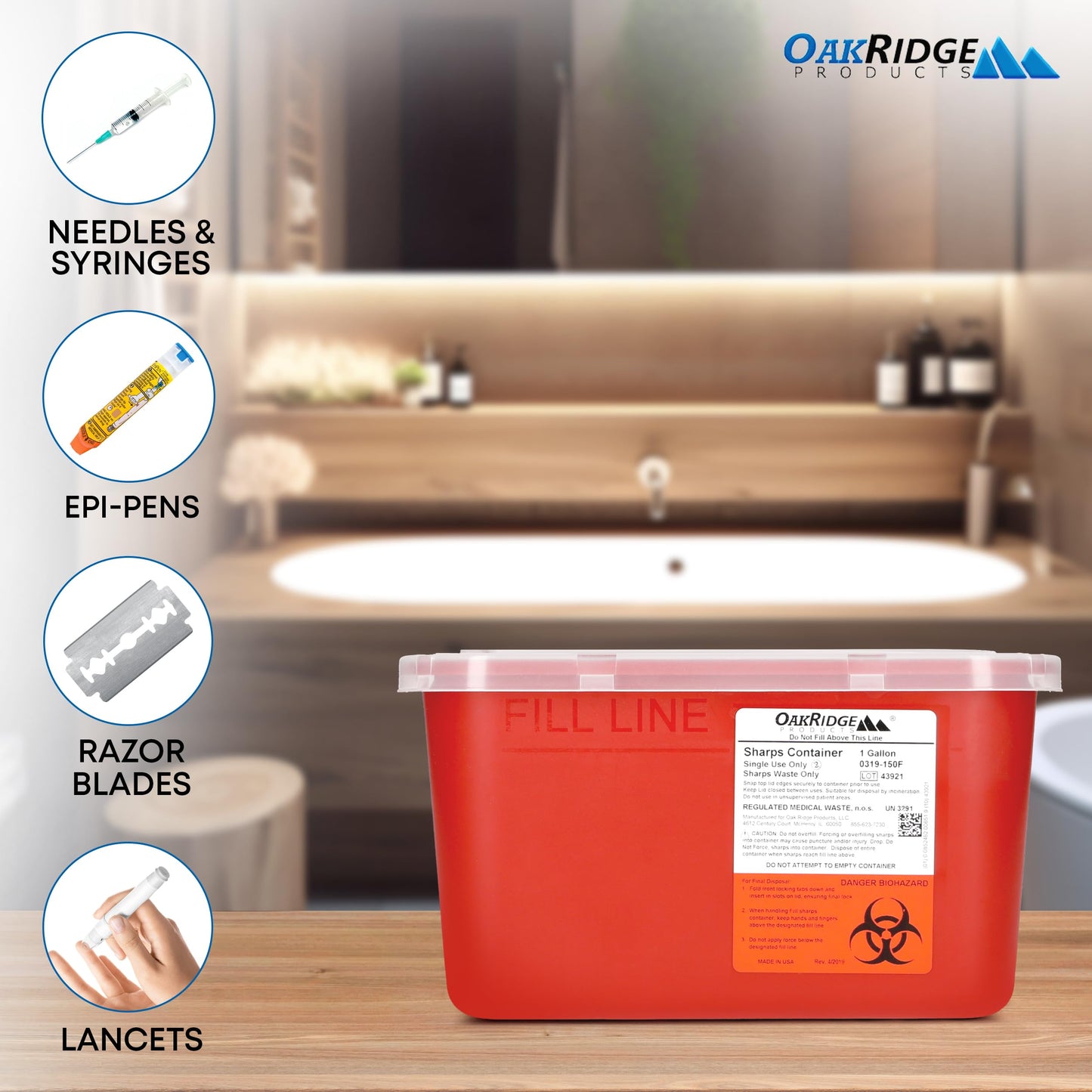 Oakridge Products Large Sharps Container for Home Use and Professional 1 Gallon (24-Pack), Biohazard Needle and Syringe Disposal, Pop Up Lid, CDC Certified