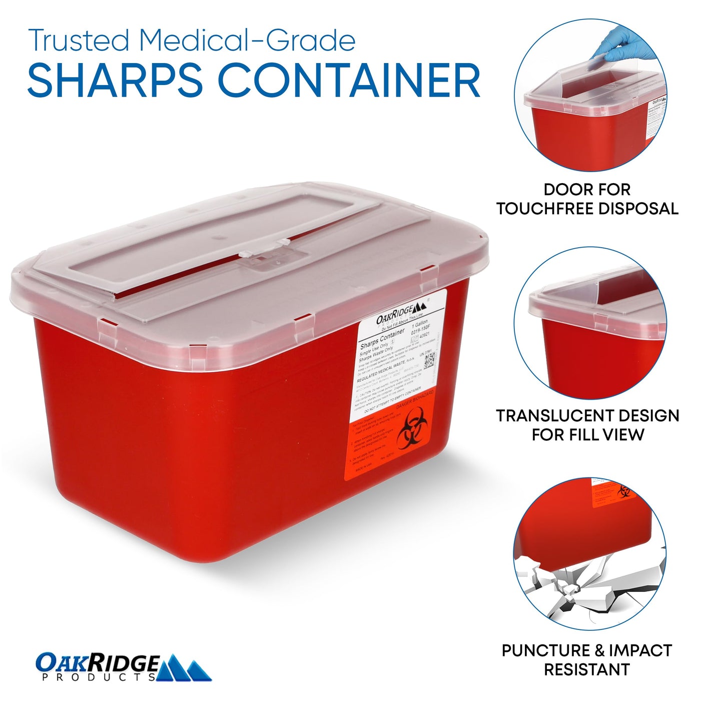 Oakridge Products Large Sharps Container for Home Use and Professional 1 Gallon (3-Pack), Biohazard Needle and Syringe Disposal, Pop Up Lid, CDC Certified