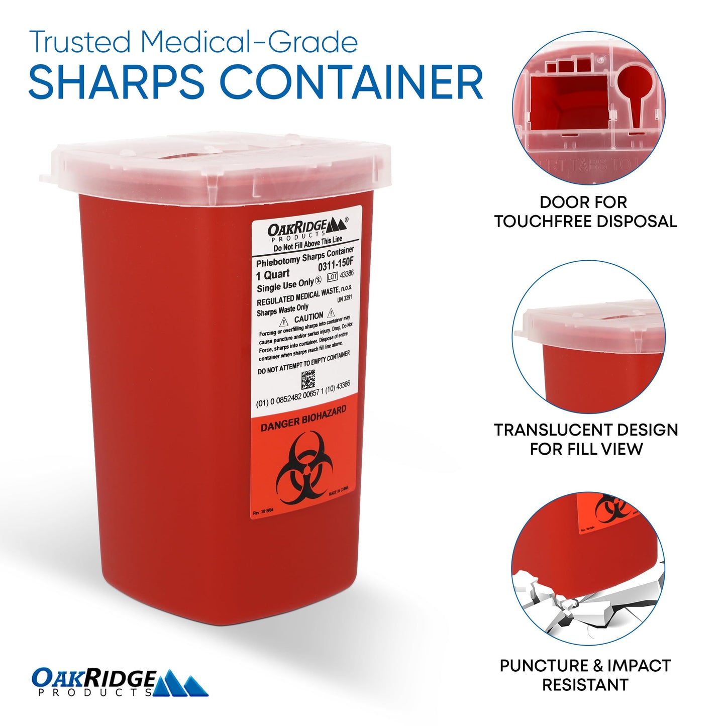 Oakridge Products Sharps Container for Home Use and Professional 1 Quart (1-Pack), Biohazard Needle and Syringe Disposal, Flip-up Lid with Integrated Needle Inwinder, CDC Certified