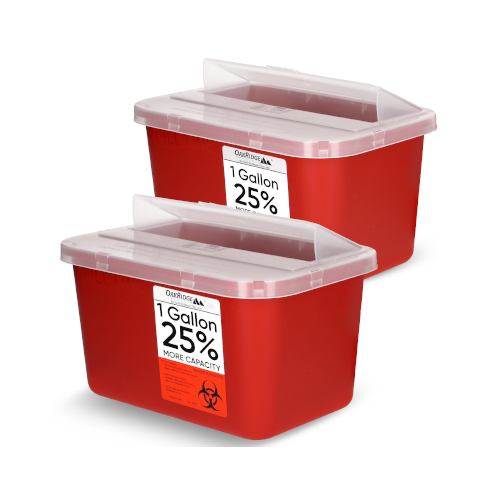 Oakridge Products Large Sharps Container for Home Use and Professional 1 Gallon (2-Pack), Biohazard Needle and Syringe Disposal, Pop Up Lid, CDC Certified