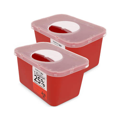 Oakridge Products Large Sharps Container for Home Use and Professional 1 Gallon (2-Pack), Biohazard Needle and Syringe Disposal, Rotating Lid, CDC Certified