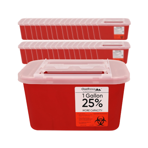 Oakridge Products Large Sharps Container for Home Use and Professional 1 Gallon (32-Pack) with Sliding Top, Biohazard Needle and Syringe Disposal, CDC Certified